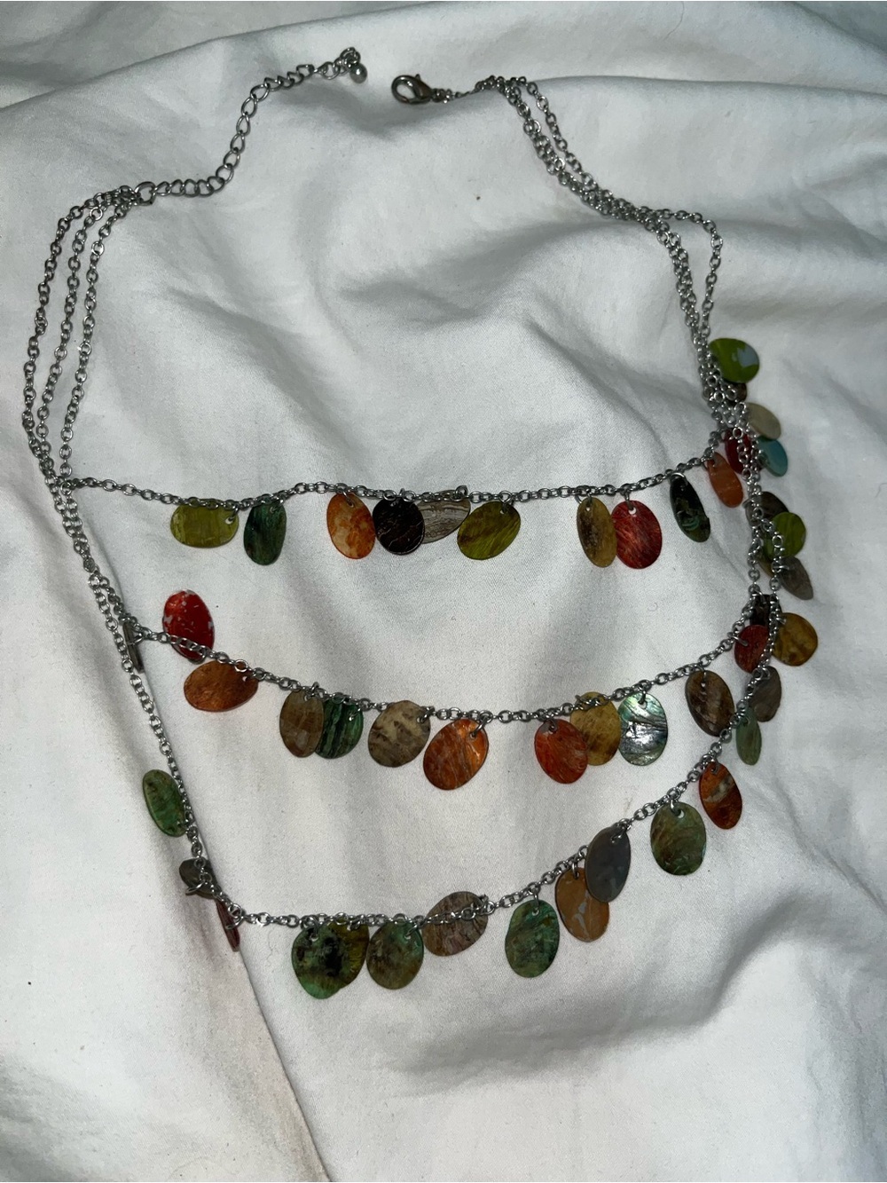 Vintage Boho Multi-Strand Colorful Shell Disc Necklace Silver Tone 3-Tier